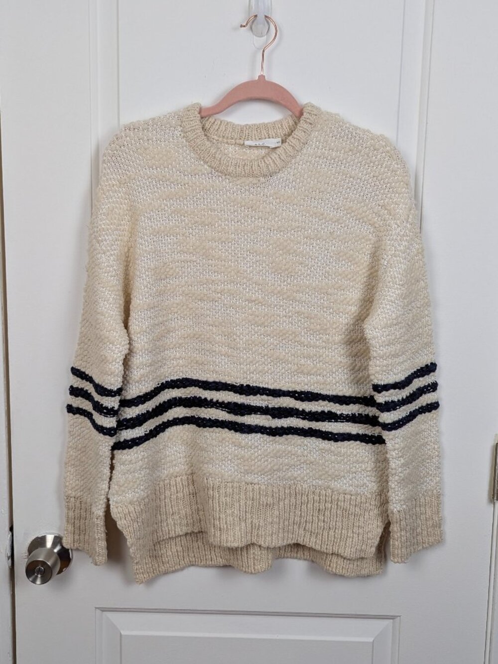 A.L.C. | Cream Navy Stripe Textured Knit Crewneck Sweater Size Extra Small